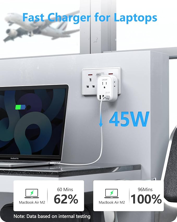 LENCENT US to UK Ireland Travel Plug Adapter, PD 45W Grounded Type G Adapter for Travel with 4 Outlets 4 USB Ports(2 USB C), Power Plug for US to Dubai Scotland British London England Singapore
