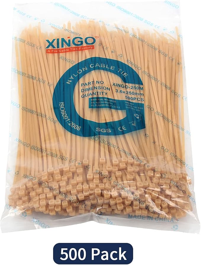 XINGO 10 Inch Cable Zip Ties (500 Pack), 40 Lbs Tensile Strength-Heavy Duty, Self-Locking Nylon Plastic Nylon Wire Ties for indoor and outdoor use(Gold)