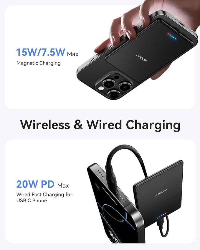 Kuulaa Magsafe Battery Pack 5000mAh, 0.27 in Ultra Slim Magsafe Portable Charger Slim Magnetic Apple Portable Charger 20W Power Delivery Power Bank for iPhone 17/16/15/14/13/12 Series,Black