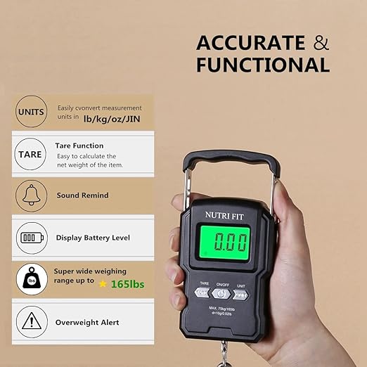 NUTRI FIT Luggage Weight Scale Fish Weighing Scales Digital Handheld Suitcase Weigher with Hook, 165lb/75kg with Measuring Tape for Travel, Fishing, Gifts