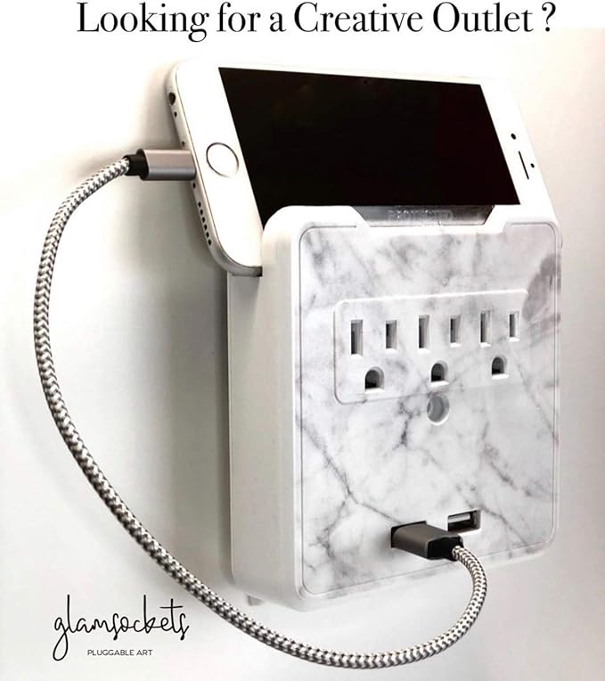 Glamsockets Decorative Wall Mount Surge Protector with 3 Outlets, Dual USB Charging Ports and Phone Holder - USB Charging Center/Multi Function Wall Tap (Turf)