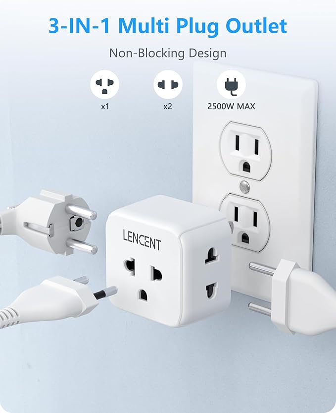 LENCENT 2 Pack EU to US Plug Adapter, European to USA Outlet Adaptor, Travel from Europe to American Outlet, 3 Outlet Extender, Wall Tap, Mini Charger Box, Travel Plug Converter