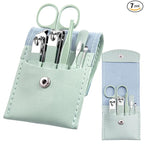 Manicure Set - 7 Pieces Professional Travel Nail Clippers with Green Leather Bag, Stainless Steel Nail Care Tools Grooming Kit for Women