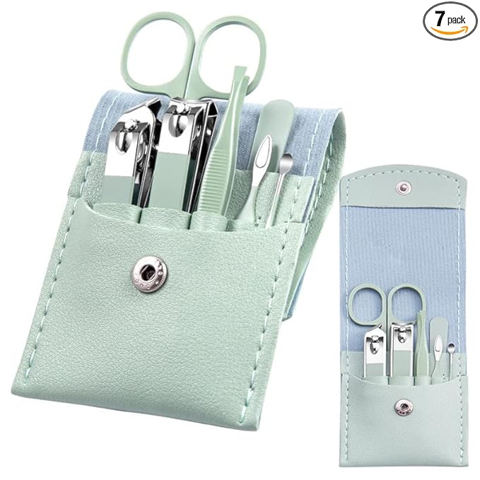 Manicure Set - 7 Pieces Professional Travel Nail Clippers with Green Leather Bag, Stainless Steel Nail Care Tools Grooming Kit for Women