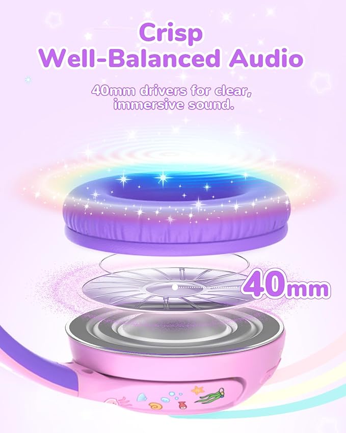 iClever BTH27 Toddler Headphones for 2+ Year Old-CPC Certified, 75/80dBA Safe Volume Limited, 74H Playtime, Bluetooth 5.4, BPA Free, Kids Bluetooth Headphones Aux Cord for Travel iPad, Purple
