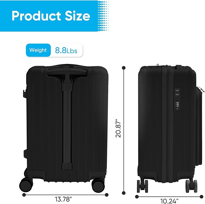 TABU 20" Carry on Luggage with Seat for Kids & Adults，Front-Opening Hardshell Carry On Suitcase with Double Handles & TSA Lock, Black