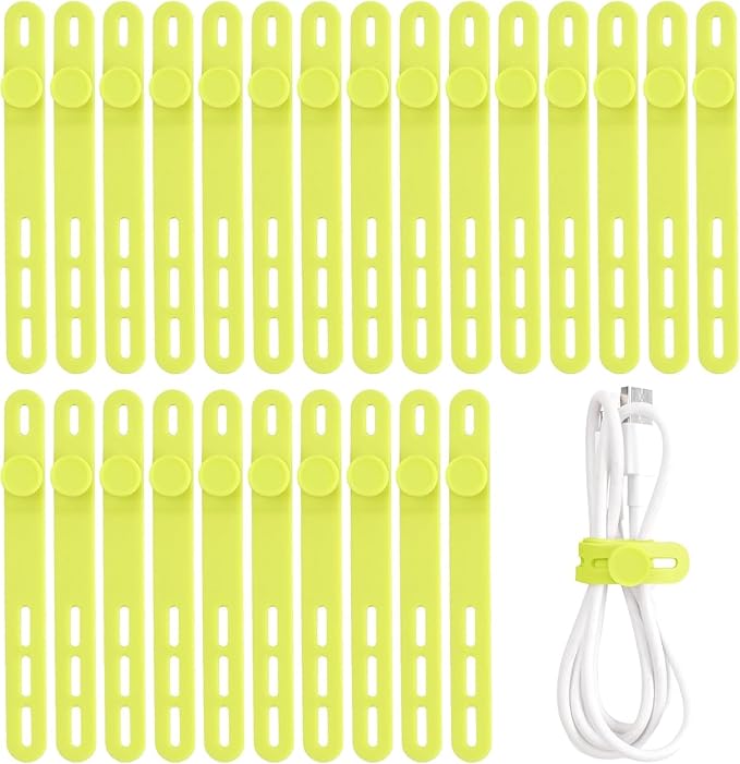 Oligei 25 Pcs Silicone Cable Ties, Cable Ties Reusable, High Elasticity Cord Wraps for Electrical Cords, Cord Organizer for Earphone, Phone Charger(Yellow)
