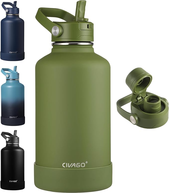CIVAGO 64 oz Insulated Stainless Steel Water Bottle with Detachable Straw, Large Half Gallon Water Jug with Bucket Handle, Big Metal Leakproof Flask with Silicone Boot, Dishwasher Safe, Army Green