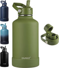 CIVAGO 64 oz Insulated Stainless Steel Water Bottle with Detachable Straw, Large Half Gallon Water Jug with Bucket Handle, Big Metal Leakproof Flask with Silicone Boot, Dishwasher Safe, Army Green