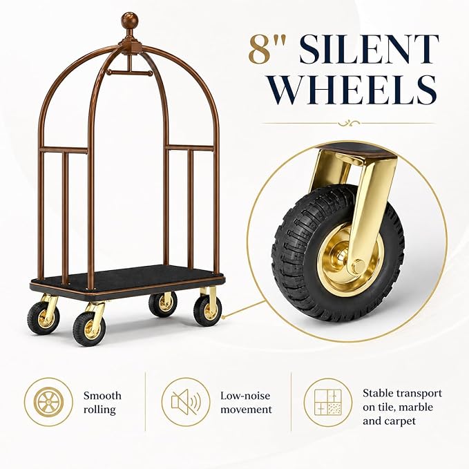 Hotel Luggage Cart, Heavy Duty Bellman Cart with 1600 lbs Capacity, 8" Silent Wheels, Stainless Steel Rolling Luggage Trolley with Carpet Deck for Hotels, Resorts & Apartments(Champagne)