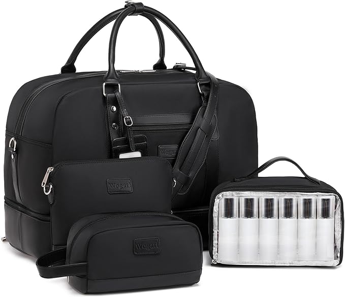 Wogarl 4PCS Weekender Bags for Women Large Overnight Weekend Travel Duffel Carry on Shoulder with Shoe Compartment Canvas Toiletry Bag for Travel Business Gym
