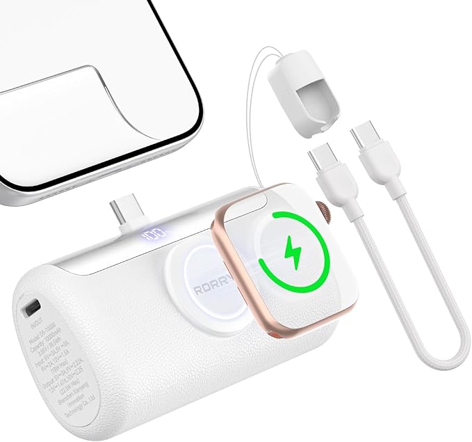 RORRY PalmGo Portable Charger, 10000mAh PD 22.5W Fast Charging Mini Power Bank with Built-in USB C Connector, 3-in-1 Battery Pack for iPhone 17/16/15 Pro/Max, Apple Watch Ultra/11/10/SE, iPad, White