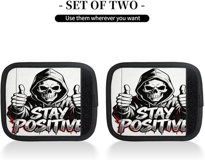 2 Pack Luggage Handle Wrap with Travel Tags - Non-Slip Protective Cover Soft Handle Grips Covers for Suitcase(Funny Skull Stay Positive)