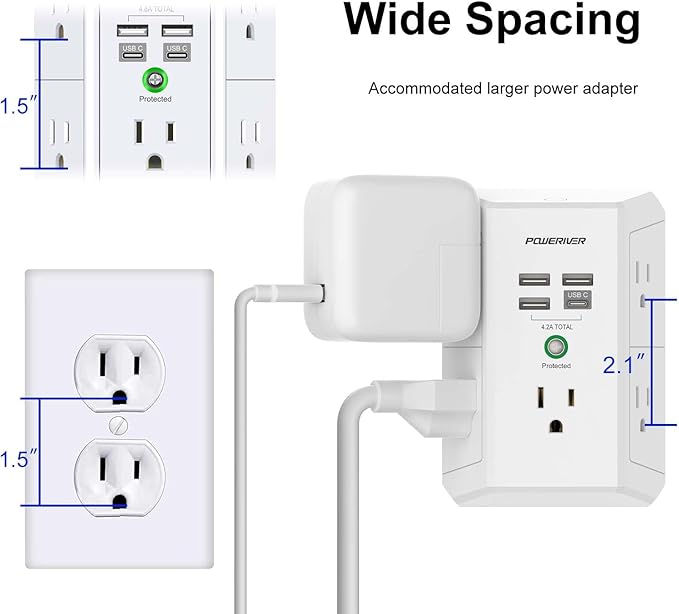 USB Wall Charger, POWERIVER Multi Outlet Extender Surge Protector with 4 USB Ports, 1680J Wall Outlet Adapter Spaced for Home School Office, ETL Listed, White