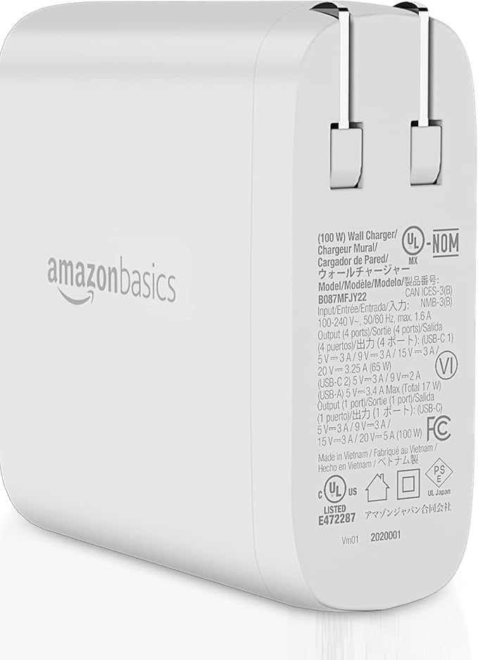 Amazon Basics 100W Four-Port GaN Wall Charger with 2 USB-C (100W, 18W) & 2 USB-A Ports (12W), PD 3.0, Foldable Plug, Portable Multi-Device Charging for Laptops, Tablets & Phones, White
