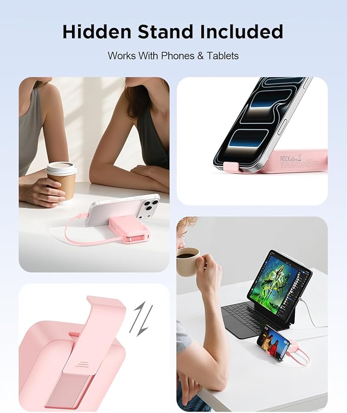 iWALK Portable Charger, 10000mAh 45W PD Power Bank, USB C in&Out Fast Charging Battery Pack with Phone Stand, Travel Essential Powerbank for iPhone 17 16 15 14 13 12 Samsung S25 MacBook etc,Pink