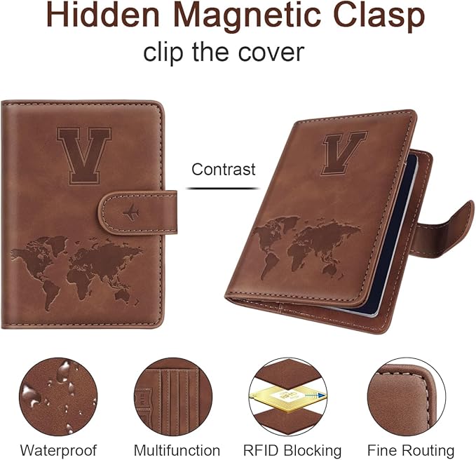 Passport Holder Wallet Cover Personalized Letter A-Z Travel Wallet RFID Blocking Passport Cover Wallet Case for Travel Passport Book Holders for Women and Men, Brown-V