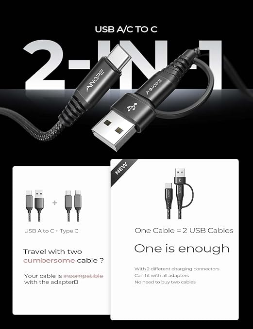AINOPE USB C to USB C Cable, 6 FT USB C Cable Fast Charging with USB to USB C Adapter, 60W USB to USBC Cable for iPhone 17 Pro Max Air Type C Cable for iPhone 16/15/14/13/12 Samsung, Black