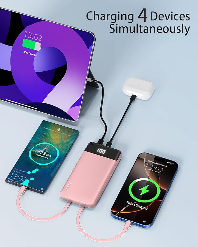 Portable Charger with Built-in Cables 10000mAh Power Bank with Cords, Slim Battery Pack with LED Display, Travel Essential Portable Charger for iPhone 17/16/15/14 Series, Android Samsung Google Pixel