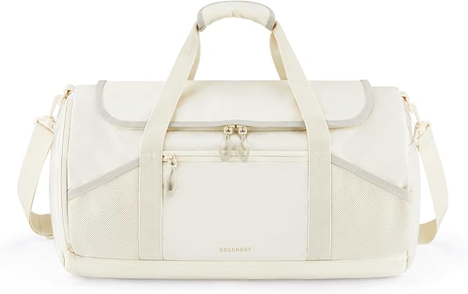 BAGSMART Gym Bag for Men & Women, Lightweight Duffel with Shoe Compartment, Weekender Bags with Wet Pocket, Workout Overnight Carry on for Travel, Beige
