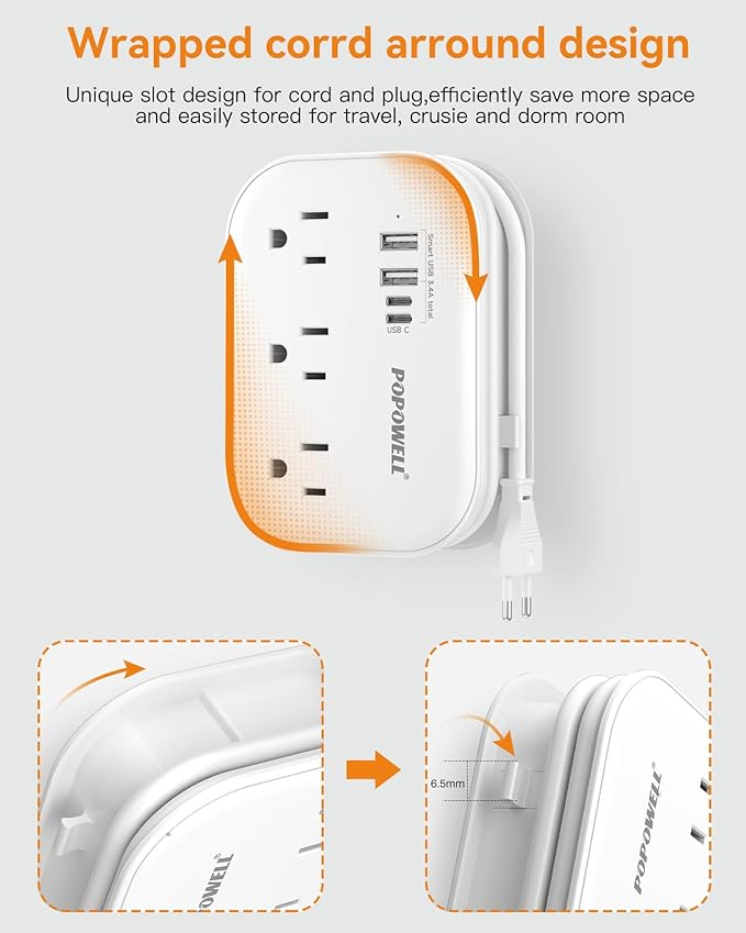 European Plug Adapter,EU/UK/US Travel Power Strip with 3 Outlets & 4 USB Ports(3.4A), International Power Adapter with 3 FT Extension Cord Compact for US to EU UK Germany Italy France Cruise