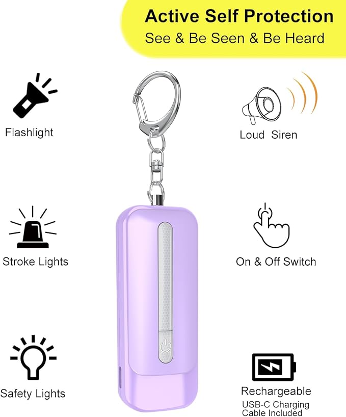 Personal Alarm for Women, Rechargeable with Safety Lights & Low Battery Notice, 130dB Siren with LED Flashlight Strobe Light for Emergency, Dual Light Sources Safety Keychain