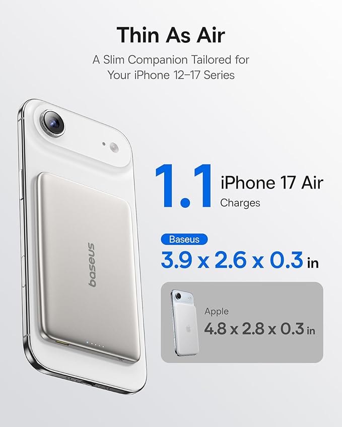 Baseus 0.3" Ultra Slim 5000mAh MagSafe Portable Charger Bundle with 10,000mAh 30W Magnetic Portable Charger Built-in Braided USB-C Cable for iPhone 17 Pro Max/Air/16/15/14/13, AirPods, iPad