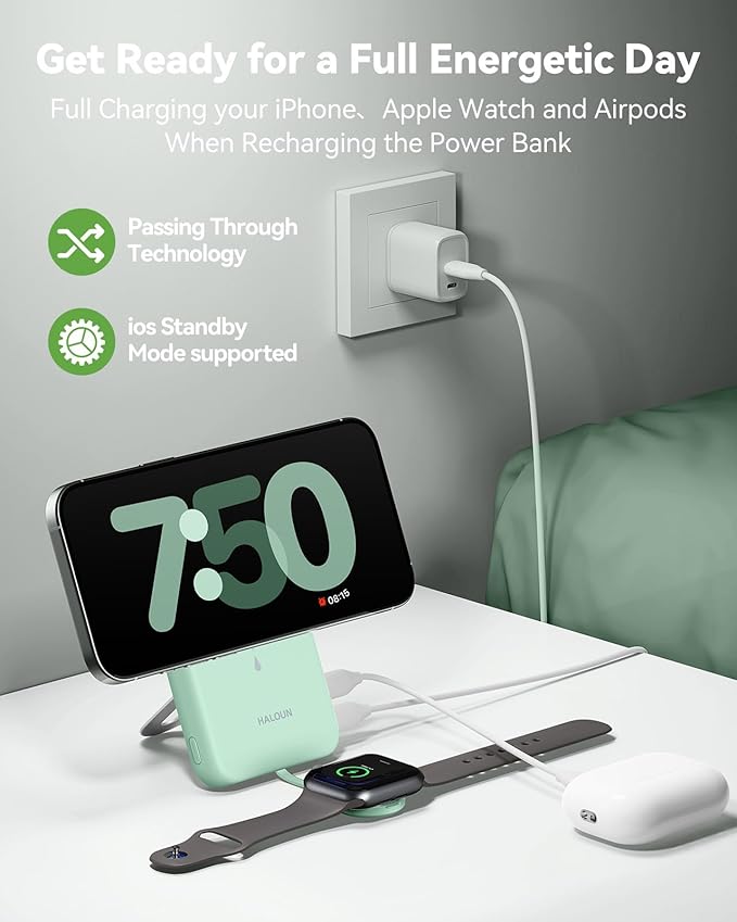 Magnetic Portable Charger for iPhone and Apple Watch, 10000mAh Wireless Power Bank PD 20W USB-C Fast Charging Battery Pack with Stand for iPhone 17/16/15/14/13/12 Pro Max、Air、iWatch 11-1/SE/Ultra 3-1