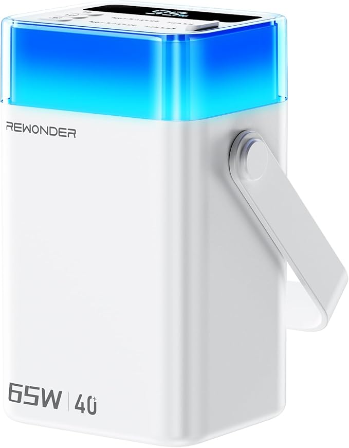 REWONDER 65W Charger Power Bank 40000mAh, Large Capacity Portable Charger Fast Charging Lightweight External Battery Bank for Travel, Camping - Compatible with MacBook, iPhone, Laptop (Glacier White)