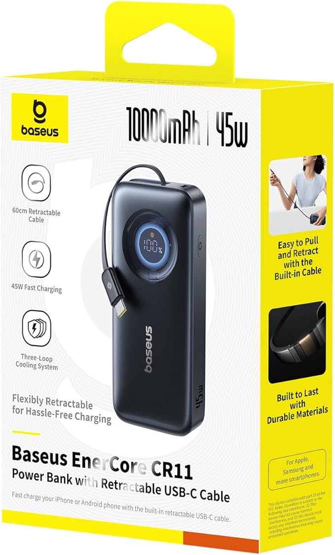 Baseus Enercore Power Bank, 10000mAh Fast Charging Portable Charger Built-in 45W Retractable USB-C Cable, Battery Pack for iPhone 16/15 Series, Samsung, Google Pixel, iPad, AirPods, Drone, Go Pro