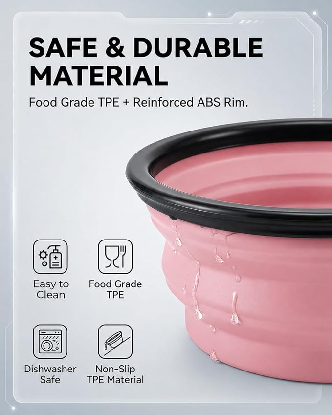 Collapsible Dog Bowls for Travel, 2-Pack Dog Portable Water Bowl for Dogs Cats Pet Foldable Feeding Watering Dish for Traveling Camping with Carabiners, BPA Free (Grey&Pink, Medium (Pack of 2))