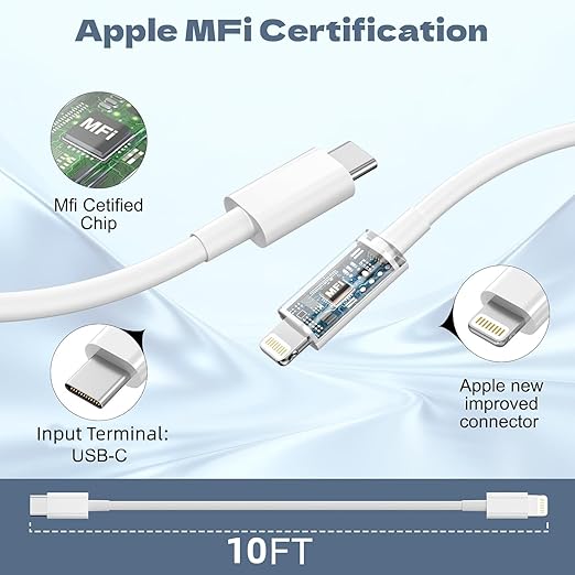 Car Apple Carplay Cable，USB C to Lightning Cable 10FT Compatible with 14 13 12 13 Pro Max XR XS X Charger Cord，Car Charging Cord