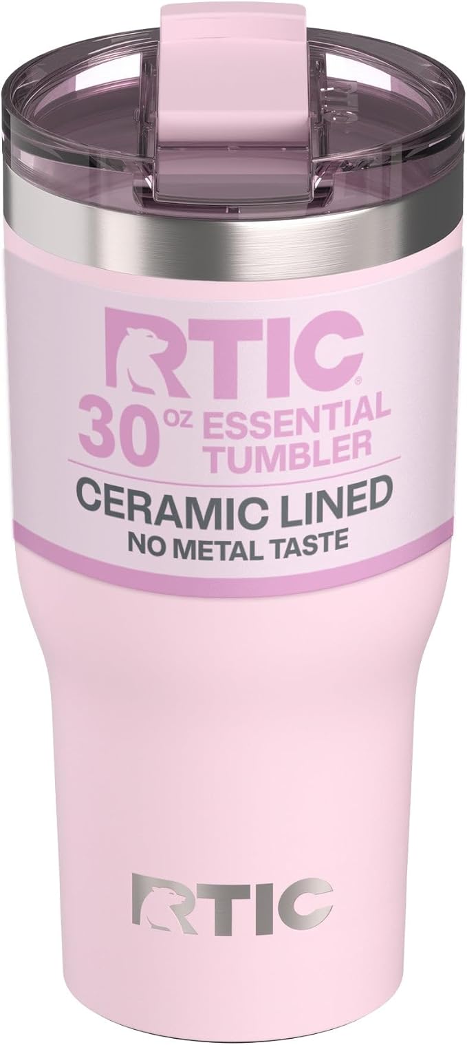 RTIC 30oz Essential Tumbler with Lid, Ceramic Lined, Insulated, Stainless Steel, Metal, Double Wall Vacuum-Insulation, Travel Cup for Iced Coffee, Tea, Hot and Cold Drink, Pale Pink
