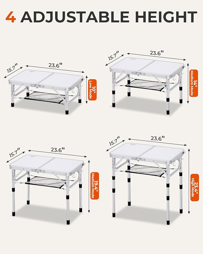 Sportneer Camping Table: Adjustable Height Small Folding Table 23.6" L x 15.7" W 4 Height with Mesh Layer - Compact & Portable Camping Essentials for Outdoor Camp Garden Picnic BBQ Dining Cooking