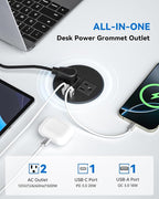 Desktop Power Grommet with 20W USB C Fast Charging, 3 inch Flush-Mount Recessed Power Strip for Desk,Office Tables,Furniture, Recessed Outlet 6FT Cord, 45° Thin Flat Plug, 2 USB Ports, Black