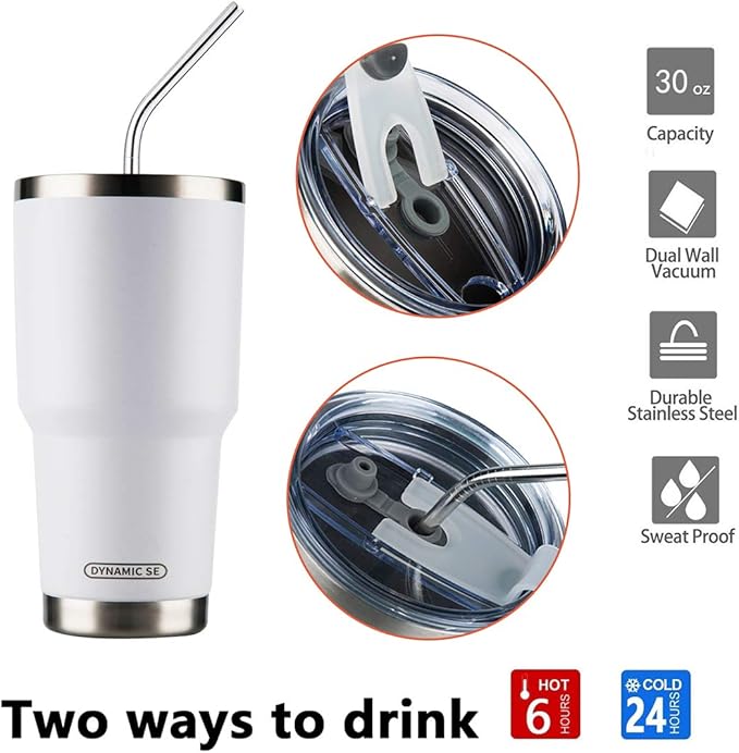 D·S 30oz White Tumbler Stainless Steel Double Wall Vacuum Insulated Mug with Straw and Lid, Cleaning Brush for Cold and Hot Beverages (30oz White)