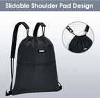 WANDF Drawstring Backpack Sports Gym Bag with Shoulder Pads Water Resistant String Bag Cinch Bag for Women Men (Black)