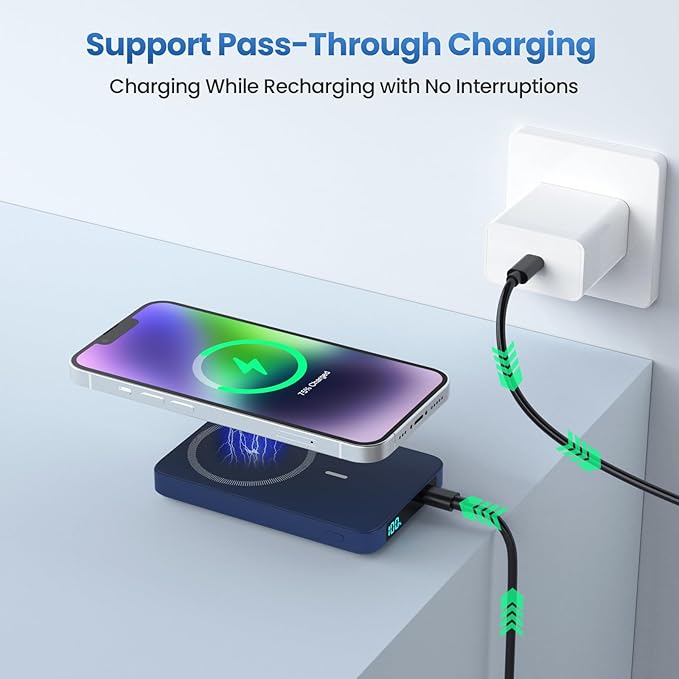 Magnetic Portable Charger 10800mah for Magsafe Battery Pack, Wireless Power Bank with USB C in&out PD Fast Charging,Travel Essential Phone Battery Charger For iPhone 17/16/15/14/13/12 Series-Dark Blue