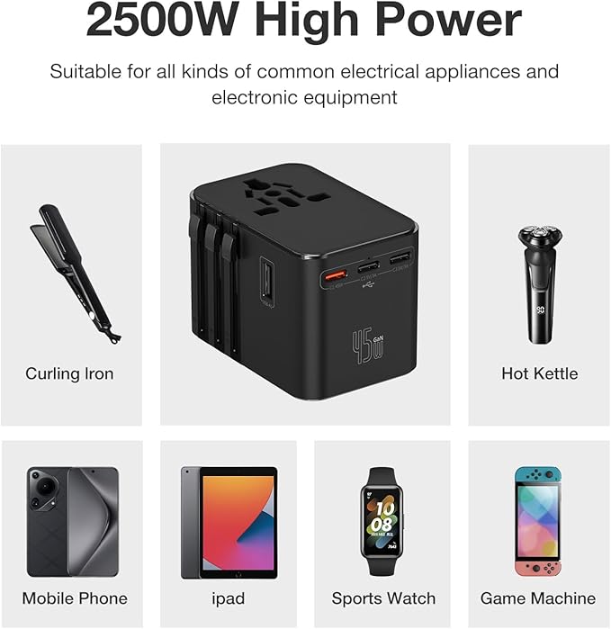 45W Universal Travel Adapter – Compact Plug with 3 USB-C & 2 USB-A Ports for EU/UK/US/AU, International Power Adapter Worldwide Charger, CE/FCC/RoHS Certified (Blue)