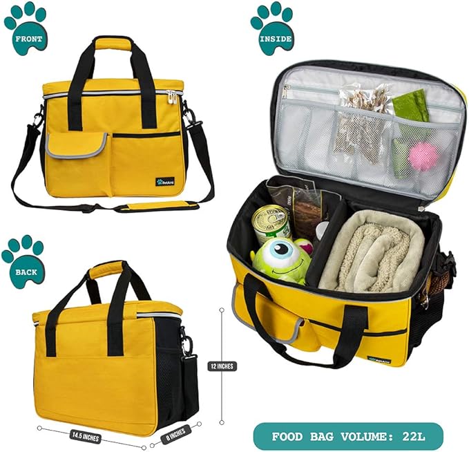 PetAmi Dog Travel Bag, Travel Pet Bag Organizer, Dog Food Travel Bag with Container Collapsible Bowls, Pet Travel Supplies Gift Accessories for Weekend Camping, Puppy Cat Diaper Bag, Yellow Medium