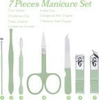 Manicure Set, 7 Pcs Professional Nail Clippers Scissors Pedicure Tools Kit, Carbon Steel Travel Nail Care Clippers with Green Leather Bag, 7 in 1 Portable Travel Grooming Kit for Women Men (Green)