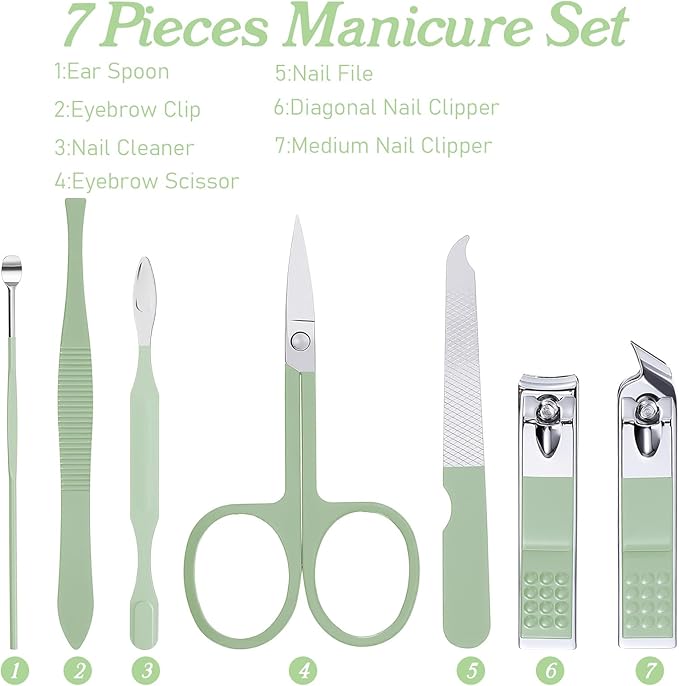 Manicure Set, 7 Pcs Professional Nail Clippers Scissors Pedicure Tools Kit, Carbon Steel Travel Nail Care Clippers with Green Leather Bag, 7 in 1 Portable Travel Grooming Kit for Women Men (Green)