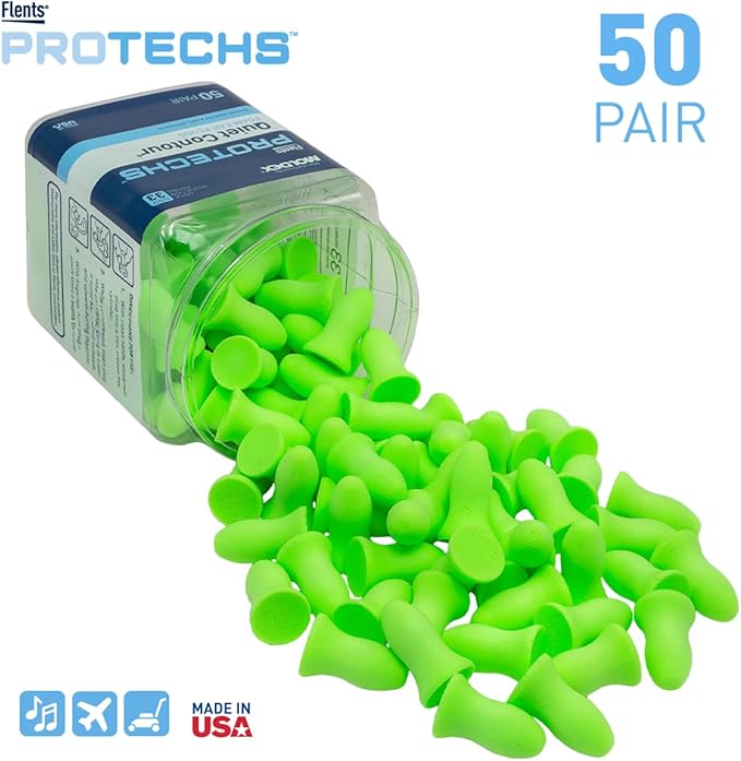 Flents Protechs Foam Ear Plugs, 50 Pair for Sleeping, Snoring, Loud Noise, Traveling, Concerts, Construction, Studying, Work, Shooting, Contour to Ear, NRR 33, Noise Cancelling, Green, Made in the USA