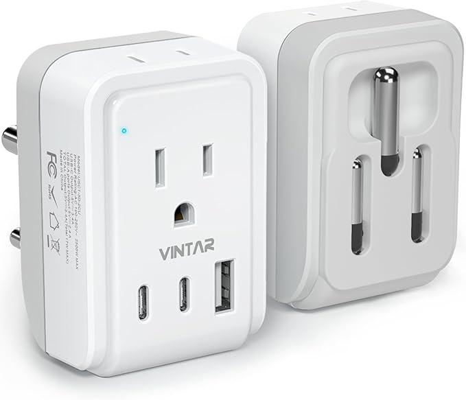 1 Pack US to India Plug Adapter, VINTAR Foldable India Power Adapter with 2 Outlets and 3 USB Ports(2 USB C), 5 in 1 Type D Plug Adapter for US to India Bangladesh Maldives Pakistan Sri Lanka