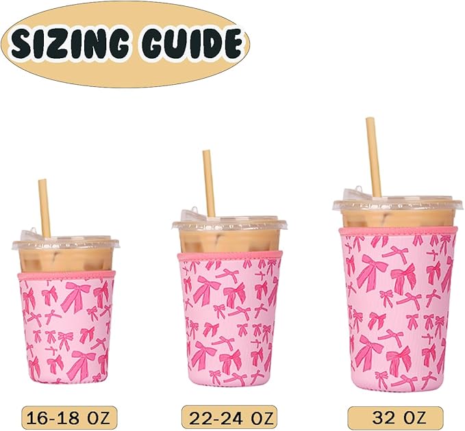 Reusable 3-Pack Iced Coffee Cup Sleeve, Insulated Neoprene, Beverage Holder for Iced Coffee, Durable Drink Sleeve for Cold Beverages, Pink Bows