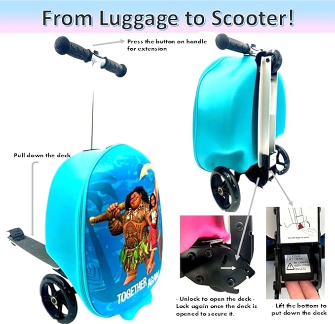 Fast Forward Moana 18" Ride-On Suitcase Scooter - Lightweight Carry-On Foldable Scooter Luggage