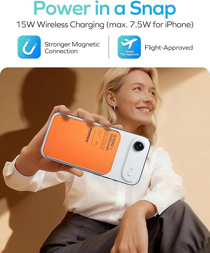 MOMAX Magnetic Wireless Power Bank 5000mAh, Ultra-Slim 0.3" MagSafe-Compatible Portable Charger, 20W USB-C PD Fast Charging, for iPhone 17/16/15/14/13/12 Series, Samsung Galaxy & Google Pixel
