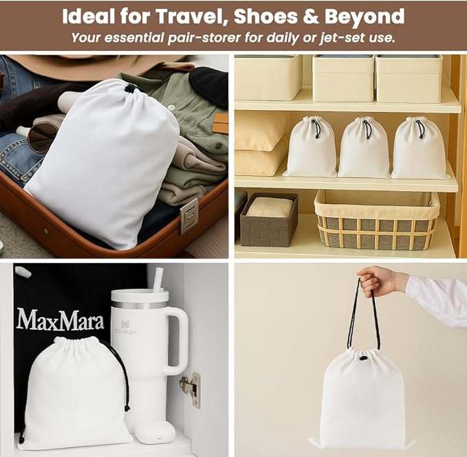 LFH Cotton Rich Shoe Storage Bags with Drawstring, Dustproof Breathable Reusable Organizer, Perfect For Travel, Dorm, Hotel, College, Gym, Easy to Carry, Machine Washable 12"x17" (Pack of 2) - White