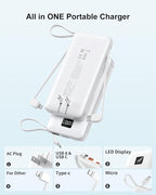 Portable Charger Built-in Cables and AC Wall Plug, 10000mAh 22.5W PD Fast Charging Power Bank, Lightweight Compact Battery Pack Travel Essentials for iPhone 17/16/15/14/13 Series,Samsung,Tablets
