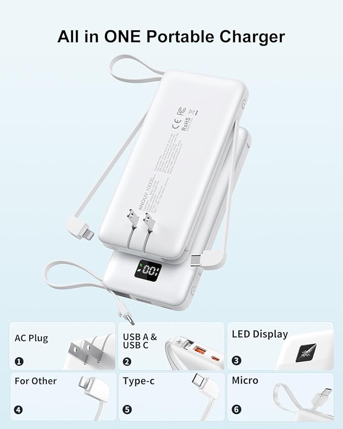 2-Pack Portable Charger Built-in Cables and AC Wall Plug, 10000mAh 22.5W PD Fast Charging Power Bank, Lightweight Compact Battery Pack Travel Essentials for iPhone 17/16/15/14/13 Series,Samsung,Tablet